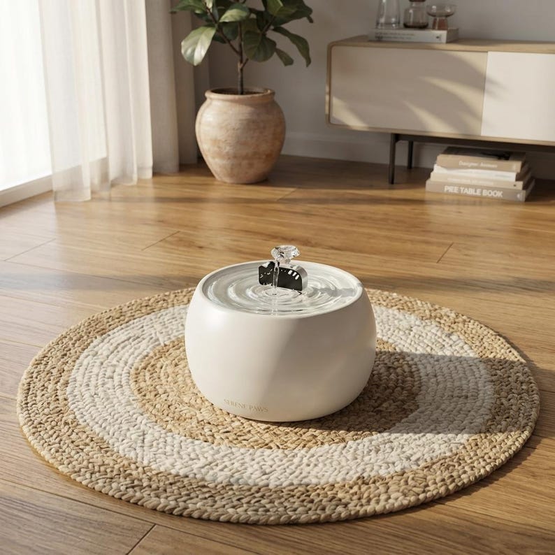 May include: A round, off-white pet water fountain with a smooth, matte finish. The fountain features a central black cat-shaped attachment where water flows, creating ripples on the surface. The brand name Serene Paws is printed on the front.