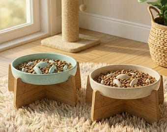 Ceramic Slow Feeder Pet Bowl with Bamboo Stand Elevated Modern Dog Cat Dish