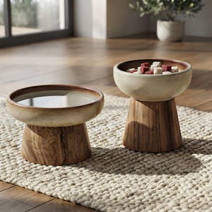 May include: Two elevated pet bowls featuring cream-colored ceramic basins with brown rims, each supported by a solid, tapered wooden base. One bowl is filled with water, while the other contains small, cubed food pieces in red and white.