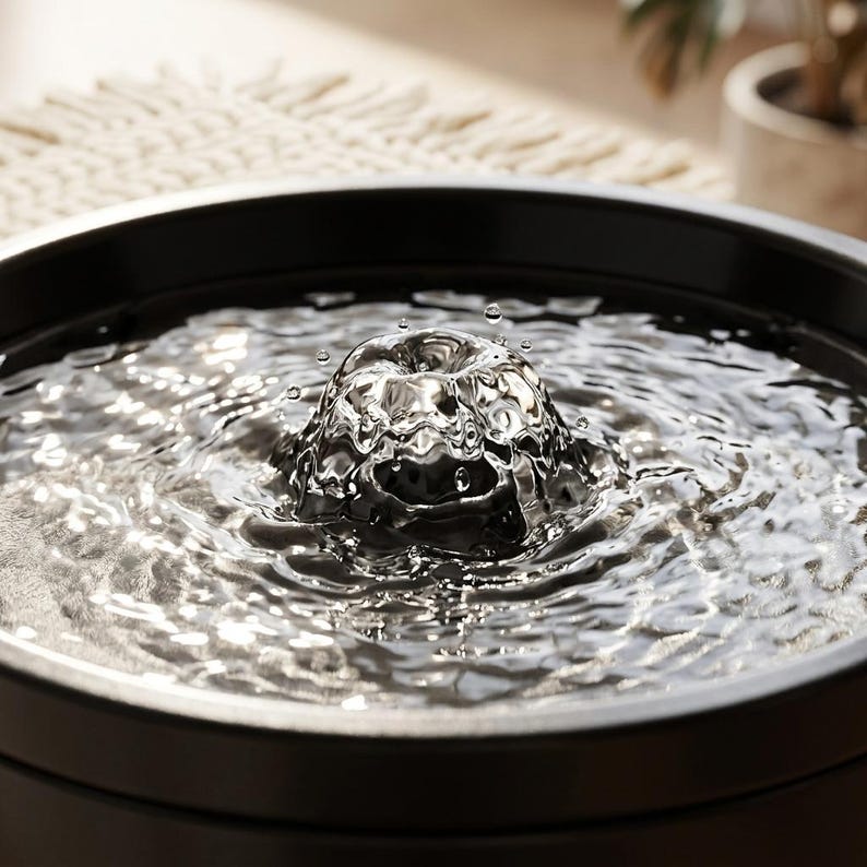 K&ouml;nnte beinhalten: Ein schwarzer, kreisf&ouml;rmiger Trinkbrunnen f&uuml;r Haustiere mit einem zentralen Auslauf, der eine kleine, sprudelnde Wasserkuppel erzeugt. Die klare Wasseroberfl&auml;che zeigt konzentrische Wellen und kleine Wassertropfen in der Luft.