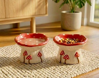 Adorable Mushroom Elevated Slow Feeder Bowl, Ceramic Raised Feeding Bowl, Modern Pet Dish