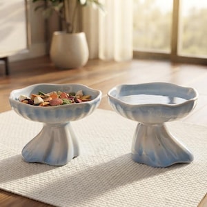 May include: Two light blue ceramic pedestal bowls with a scalloped rim and a flared base. One bowl is filled with a colorful assortment of dried food pieces, while the other bowl is filled with clear water, both resting on a textured white surface.
