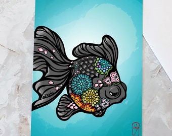 Greeting card "Pop eyed Flower Goldfish"  Demekin -koi -Beautiful fish - with envelip - asian beauty - japanese - Kingyo