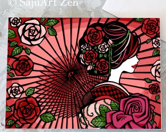 Greeting card "Rose Princess" with envelop - asian beauty - japanesque - rose - Valentine