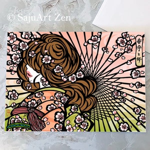 Cartão de felicitações "Bangasa e flores de cerejeira" com envelope - beleza asiática - japonesa - garota de quimono - flor da primavera