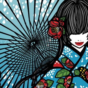 Postal "Bangasa e Camélia" - beleza asiática - japonesa - menina quimono - neve - azul - inverno