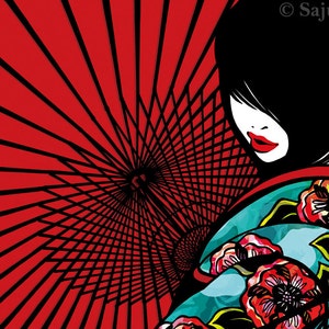 Cartão postal "Bangasa e Peônia" - beleza asiática - japonesa - garota de quimono - vermelho - verão