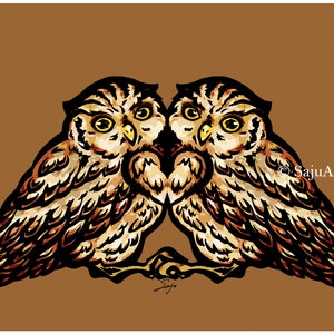 Impression 24,4 x 30,5 cm « hiboux jumeaux » - hibou - amour - herat - mignon - trick art