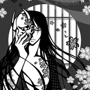 Carte postale « SAKURA dans la nuit » - fleurs de cerisier - kimono guy - masque - japanesque