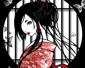 Postcard "Captured" - butterfly -kimono girl - japanesque