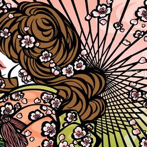 Cartão postal "Bangasa e flores de cerejeira" - beleza asiática - japonês - menina quimono - flor - rosa - verde - primavera