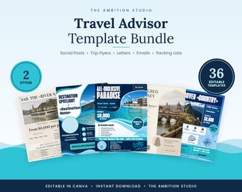 May include: A digital template bundle for travel advisors titled The Ambition Studio Travel Advisor Template Bundle. It includes 36 editable templates for social posts, trip flyers, letters, emails, and packing lists in two distinct styles.