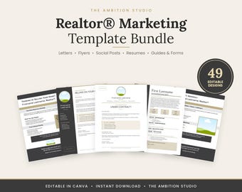 May include: A digital marketing template bundle for realtors featuring 49 editable designs. The text reads The Ambition Studio, Realtor Marketing Template Bundle, Letters, Flyers, Social Posts, Resumes, Guides & Forms, and 49 Editable Designs.