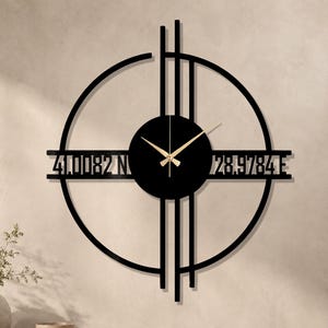 Op de afbeelding: Zwarte metalen wandklok met een cirkelvormig ontwerp, gouden wijzers en de coördinaten 41.0082 N 28.9784 E. De klok is gemonteerd op een neutraal gekleurde muur, met een houten kast en decoratieve vaas op de voorgrond.