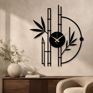 Bamboo Metal Wall Clock, Black Botanical Clock for Zen Living Room and Yoga Room