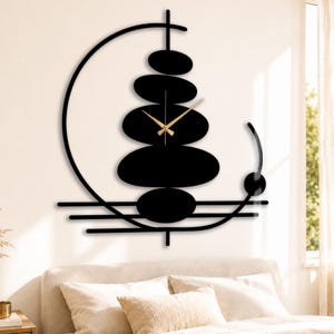 Zen Stone Metal Wall Clock, Black Balance Clock for Yoga Room, Spa Bathroom and Home
