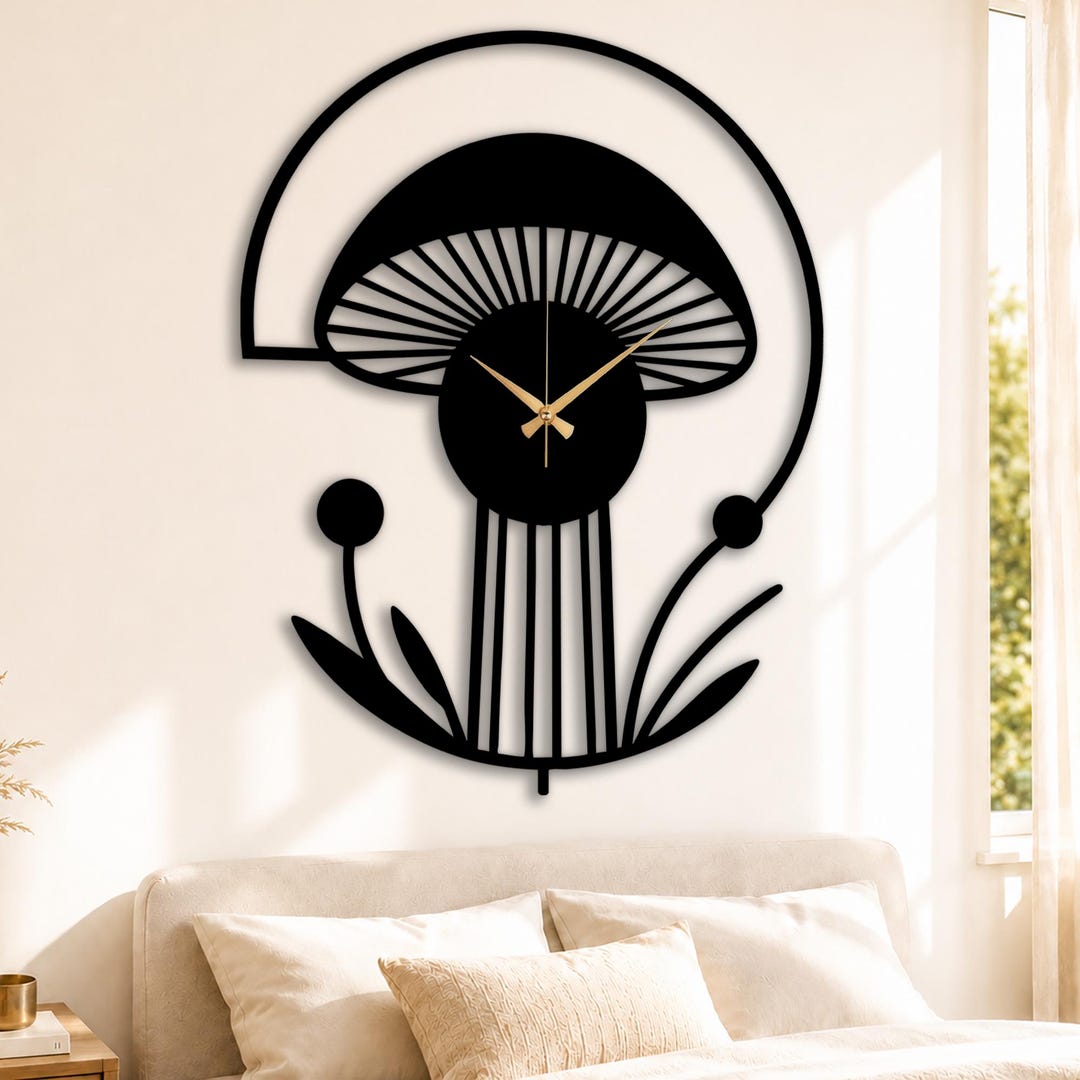 Mushroom Metal Wall Clock, Black Cottagecore Clock for Kitchen, Nursery ...