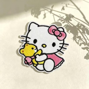 Pastel Kawaii White Feline Character Patch, Embroidered Iron On Applique, Jacket Decor, Handmade Craft Supplies.
