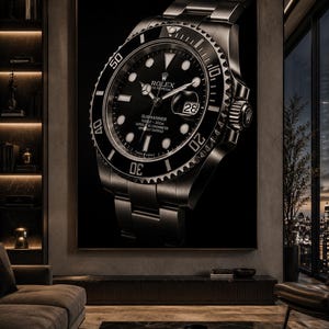 Peut inclure: Gros plan d'une impression de montre Rolex Submariner. La montre présente un cadran noir avec des marqueurs lumineux, un affichage de la date à 3 heures et un bracelet en acier inoxydable. La lunette a un insert noir avec des indicateurs de minutes.