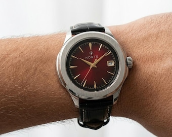 Norte Burgundy Sunburst Automatic Watch - Hand-Assembled Mechanical Timepiece