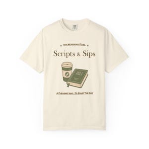 Scripts and Sips Christian T-Shirt, Dark Text Version, Comfort Colors Coffee Bible Graphic Tee