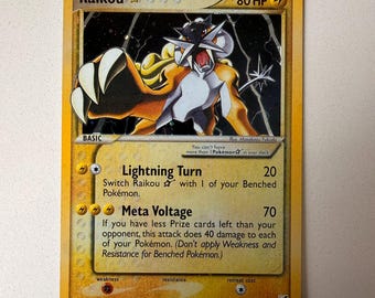 Può includere: Una carta collezionabile Pokémon Raikou Gold Star con 80 HP. La carta presenta un'illustrazione della creatura gialla e nera su uno sfondo scuro con fulmini. Elenca gli attacchi Lightning Turn e Meta Voltage.