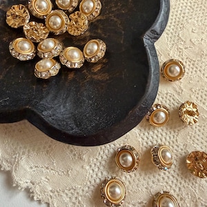 Gold Pearl Rhinestone Buttons Set of 20 / Sparkly Center Statement Buttons 10.5mm (0.41in) / Vintage Japanese Sewing Notion Pearl Buttons