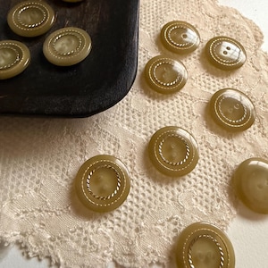 Può includere: Una collezione di bottoni rotondi color verde oliva, ciascuno caratterizzato da un design centrale a due fori e da un bordo decorativo in metallo dorato con trama a corda. I bottoni hanno una finitura liscia e lucida e sono disposti in modo sparso.