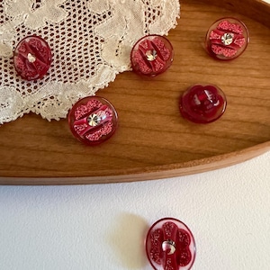 Vintage 1970s Japanese Red Lucite Buttons, 14mm Clear Ruby Red Dome with Glitter and Rhinestone, Set of 6 for Blouses, Dolls, Showa Vintage Buttons