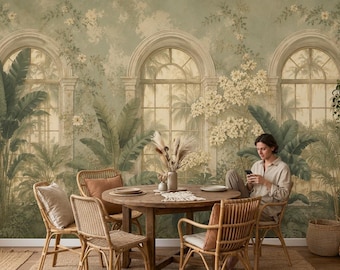 May include: A wall mural featuring a repeating pattern of arched windows and lush tropical foliage in muted sage green and cream tones. The design includes detailed illustrations of palm leaves, flowering vines, and architectural columns.