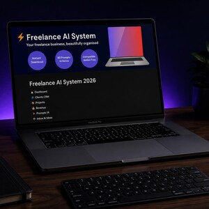 Peut inclure: Un ordinateur portable affichant le texte "Freelance AI System" sur son écran, avec un clavier, une souris et un carnet sur un bureau en bois. Une petite plante en pot est également visible. L'écran affiche une interface de site web.