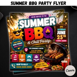 May include: A square flyer for a Summer BBQ and Chill Party featuring a smiling sun wearing sunglasses, a black charcoal grill with food, and text including Saturday June 25th, 4:00PM-8:00PM, XXX Community Center, 5555 XXX Street, Southfield, MN 55555.