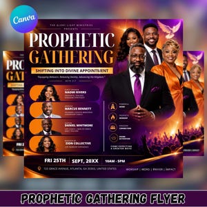 May include: A promotional flyer for a Prophetic Gathering event featuring portraits of speakers, including Naomi Rivers, Marcus Bennett, and Daniel Whitmore. The design uses a purple and gold color scheme with text details for the date, time, and location.