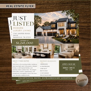 Puede incluir: Un folleto inmobiliario para una propiedad en 1742 Juniper Ridge Drive, Nashville, TN 37215, con un precio de $1,245,000. El folleto presenta una imagen grande de una casa moderna, fotos interiores de una sala, cocina y dormitorio con texto.