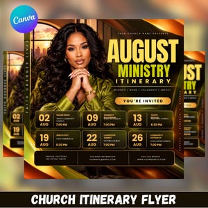 Peut inclure: Un dépliant numérique d'itinéraire de ministère d'église pour août montrant une personne aux longs cheveux foncés portant une chemise en satin vert. Le texte indique August Ministry Itinerary, You're Invited, et liste les dates du 2 au 26.
