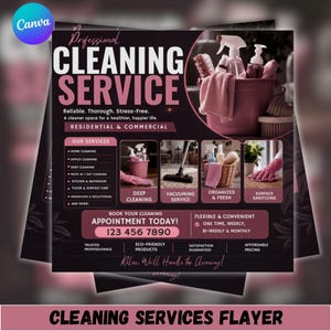 May include: A professional cleaning service flyer with a dark background and pink accents. It features text including Professional Cleaning Service, a list of services, and the phone number 123 456 7890. Images show cleaning supplies, a vacuum, and a basket.