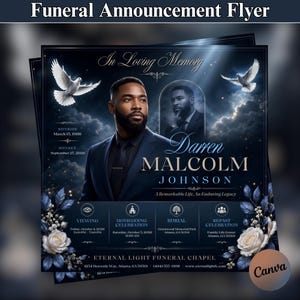 Peut inclure: Un dépliant d'annonce de funérailles avec le portrait d'un homme en costume sombre, des colombes blanches et des nuages sur un fond bleu profond. Le texte inclut In Loving Memory, Darren Malcolm Johnson, les dates et les détails de la cérémonie.