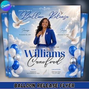 Pode incluir: Um folheto comemorativo para uma soltura de balões com um retrato central de uma pessoa de blazer azul, rodeado por pombas brancas, balões azuis e prateados e nuvens. O texto inclui "Join us for a Balloon Release", "Celebrating the Life of Williams Crauford", datas e detalhes do local.
