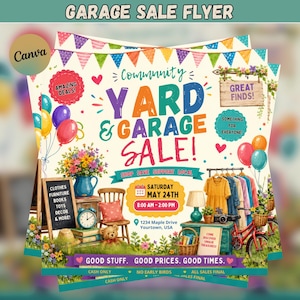 Könnte beinhalten: Ein bunter Garagenflohmarkt-Flyer mit dem Text Community YARD & GARAGE SALE! auf cremefarbenem Hintergrund. Er enthält Illustrationen von Luftballons, einer Blumenvase, einem Holzstuhl, einem Teddybären, einem Fahrrad und Kleidung auf einer Stange.