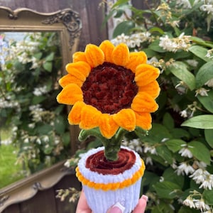 May include: A handcrafted sunflower made from fuzzy orange and dark brown pipe cleaners. The flower sits in a small, white, ribbed pot with a decorative orange trim around the top edge. The stem is a dark green, textured pipe cleaner material.