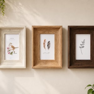 Puede incluir: Tres marcos de fotos rectangulares en tonos de madera claro, medio y oscuro. El marco izquierdo contiene una impresión de un pájaro en una rama, el marco central muestra dos plumas y el marco derecho contiene un dibujo lineal negro de un tallo.