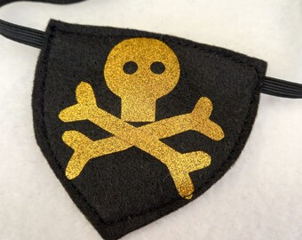 Glittery gold skull and crossbone unisex Pirate eye patch on elastic