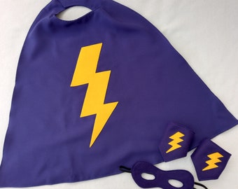 Lightning Flash cape with cuffs and mask. Child's costume/fancy dress/superhero.  Perfect gift or present.