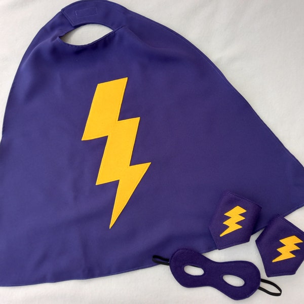 Lightning Flash cape with cuffs and mask. Child's costume/fancy dress/superhero.  Perfect gift or present.