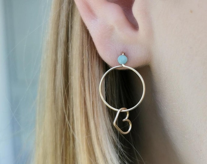 Delicate girls' earrings with a heart - the circle stud earrings made of sterling silver with a small amazonite and heart pendant, summer jewelry