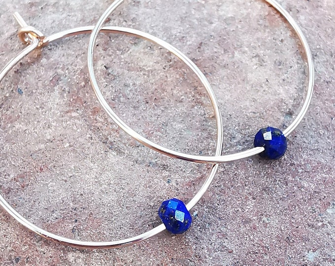 Minimalist earrings with lapis lazuli stone, lapis lazuli jewelry, silver hoop earrings, handmade earrings, everyday jewelry