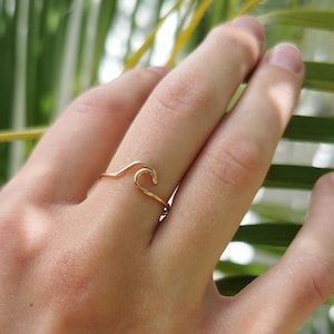 May include: A gold wave ring on a finger. The ring is simple and delicate, with a wave design.