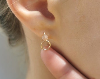 Moonstone earrings gold, moonstone stud earrings with circle, handmade jewelry, small Christmas gift, gift for her