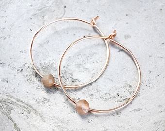 delicate hoop earrings with moonstone, moonstone jewelry, June birthstone, hoop earrings rose gold, pink gemstone, gift girlfriend