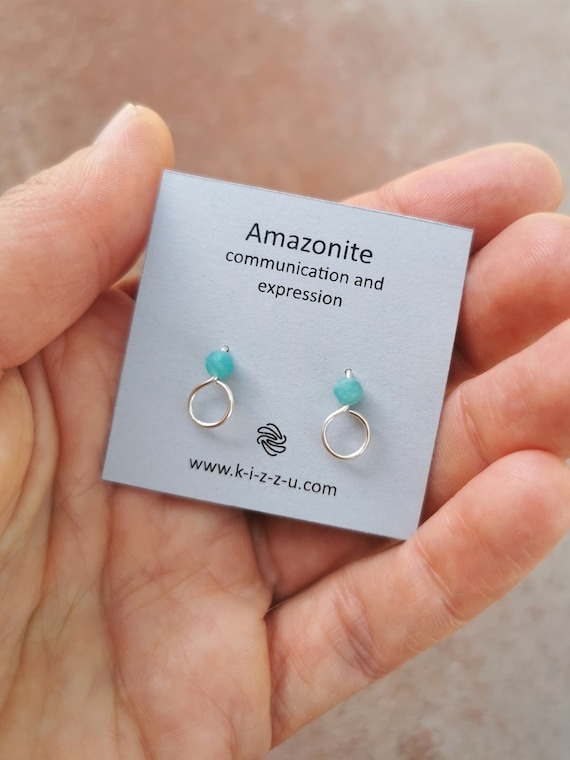 Amazonite earrings gold, circle stud earrings with blue amazonite, handmade jewelry, small gift, gift for her